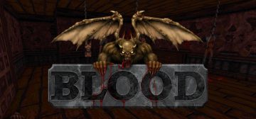 El logotipo del videojuego Blood. El texto del título "Blood" grabado en una lápida de mármol gris. Desde detrás, apoyando las garras en el borde de la lápida, sale una gárgola de color amarillo verdoso pus, con los ojos de un color amarillo brillante y los dientes y garras chorreando sangre. El fondo es una captura de pantalla del juego mostrando una habitación oscura con múltiples cadáveres mutilados colgando del techo.