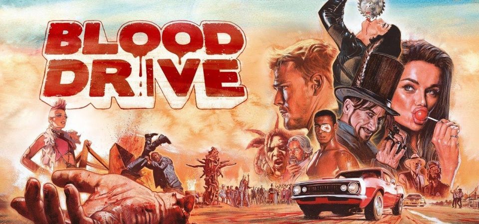 Cartel promocional de la serie de televisión Blood Drive. Está realizado imitando el estilo de las exploitation de los 70 y 80, aunque con un dibujo a lápiz y pincel de mucha mejor calidad. La mitad derecha está ocupada por una composición de las caras de los principales protagonistas, debajo de los cuales hay un Chevrolet Camaro de 1967 en color rojo. La mitad izquierda tiene la parte superior ocupada por el título BLOOD DRIVE en rojo, imitando una proyección tridimensional con los laterales en blanco y un filete rojo a todo alrededor; mientras la parte de abajo izquierda tiene una mano cortada en primer plano, una chica de aspecto punk y la cabeza rapada a excepción de un mohicano morado, y detrás un tipo empujando las piernas de otro dentro de una trituradora.