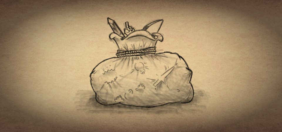Un dibujico a lápiz sobre un papel antiguo y avejentado. Representa una gran bolsa llena a reventar, con la apertura cerrada con varias vueltas de cuerda que no puede evitar que sobresalgan cosas como la punta de una espada, un arco o una mano haciendo la peineta. En el ancho cuerpo de la bolsa se puede ver las siluetas de varias cosas que presionan desde dentro de puro lleno: un cepo, una pócima, una daga y un señor de cuenta. O sea, la Bolsa de Kh'ona, que es el objeto mágico diseñado para juegos OSR de la entrada.