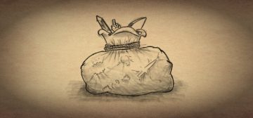 Un dibujico a lápiz sobre un papel antiguo y avejentado. Representa una gran bolsa llena a reventar, con la apertura cerrada con varias vueltas de cuerda que no puede evitar que sobresalgan cosas como la punta de una espada, un arco o una mano haciendo la peineta. En el ancho cuerpo de la bolsa se puede ver las siluetas de varias cosas que presionan desde dentro de puro lleno: un cepo, una pócima, una daga y un señor de cuenta. O sea, la Bolsa de Kh'ona, que es el objeto mágico diseñado para juegos OSR de la entrada.