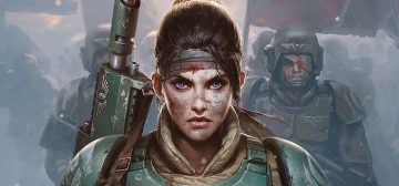 Ilustración de varios soldados de la Guardia Imperial (o Astra Militarum, como lo llaman ahora) de Cadia de Warhammer 40000, con sus uniformes y armadura verdes, múltiples heridas y vendajes, entre el humo. En primer plano están hombros y rostro de una cadiana sin casco, con un rifle láser al hombro, la cara totalmente cubierta de hollín y barro, un vendaje ensangrentado en la frente y una mirada decidida en los ojos de color azul morado. Es la pura imagen de guerreros derrotados con la esperanza de que no va a quedar así. Tiene un cierto parecido con la actriz Alison Brie.