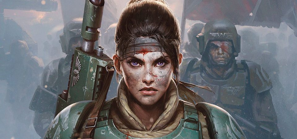 Ilustración de varios soldados de la Guardia Imperial (o Astra Militarum, como lo llaman ahora) de Cadia de Warhammer 40000, con sus uniformes y armadura verdes, múltiples heridas y vendajes, entre el humo. En primer plano están hombros y rostro de una cadiana sin casco, con un rifle láser al hombro, la cara totalmente cubierta de hollín y barro, un vendaje ensangrentado en la frente y una mirada decidida en los ojos de color azul morado. Es la pura imagen de guerreros derrotados con la esperanza de que no va a quedar así. Tiene un cierto parecido con la actriz Alison Brie.