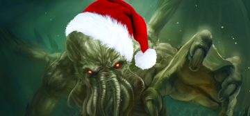 Ilustración en tonos verdes marinos mostrando a Cthulhu bajo las aguas, en plano medio, alargando su garra hacia el espectador como si quisiera atraparlo. Lleva un gorrito de Papá Noel pegado encima de la cabeza de manera bastante chapucera y siendo obvio que es un recorte de una fotografía. La ilustración de origen es "Cthulhu, Lord of R'lyeh", de Jeff Himmelman.