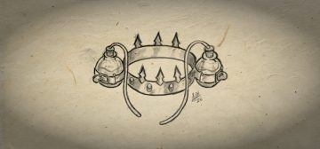 Un boceto, en blanco y negro de una corona de pócimas, el objeto mágico para juegos OSR. Se trata de una sencilla corona con el cerco liso y dos soportes para pócimas en los laterales, que se ajustan con correas de cuero y de cuyos tapones salen dos tubitos que pueden llegar hasta la boca del portador. El cerco de la corona está decorado por delante con cuatro gemas y en la parte de arriba tiene tres puntas a intervalos regulares.