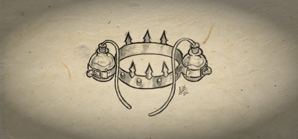 Un boceto, en blanco y negro de una corona de pócimas, el objeto mágico para juegos OSR. Se trata de una sencilla corona con el cerco liso y dos soportes para pócimas en los laterales, que se ajustan con correas de cuero y de cuyos tapones salen dos tubitos que pueden llegar hasta la boca del portador. El cerco de la corona está decorado por delante con cuatro gemas y en la parte de arriba tiene tres puntas a intervalos regulares.