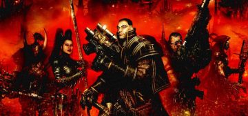 Detalle de la portada de Dark Heresy. Sobre un fondo como de auras en rojo intenso, se pueden ver varios personajes como un inquisidor, una asesina del culto de la muerte, un guardia armado con un rifle, un miembro del mechanicus y un guerrero de un mundo salvaje.