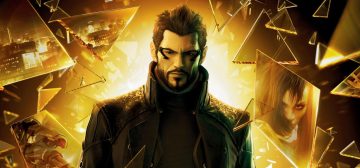 Adam Jensen, el protagonista de Deus Ex Human Revolution, en plano medio corto frente a una explosión de luz dorada y rodeado de fragmentos de grueso cristal triangulares y cuadrangulares que muestran imágenes de otros personajes o escenarios relevantes del juego enmarcados en tonos dorados. Jensen es es un hombre de tez delgada, en sus 40, con el rostro surcado de unas pocas profundas arrugas de expresión. Tiene una barba densa pero de formas finas y contornos muy marcados; sus cejas son arqueadas y también densas pero estrechas; su pelo es castaño, corto y peinado hacia atrás y hacia arriba. Tiene unas piezas negras en forma de C que rodean el ojo por el exterior y el borde del pómulo, que son parte de sus implantes cibernéticos.