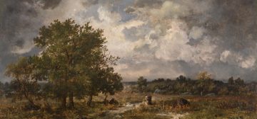 Recorte del óleo "The approaching storm", del francés Díaz de la Peña. Un paisaje que podría ser de las grandes llanuras, con unos cuantos árboles grandes y frondosos, abundantes matorrales de aspecto, muchos de aspecto reseco y, en el cielo, densos nubarrones que se van oscureciendo hacia los bordes. Un escenario poco habitual en Halloween.