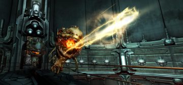 Imagen del videojuego Doom 3 que muestra un cacodemon lanzando un chorro de energía contra algo que se mantiene fuera de plano. El entorno es una base espacial de alta tecnología y aspecto ligeramente barroco por lo recargado. Un ambiente y tipo de demonios que aspira a emular Savage Doom para Savage Worlds.