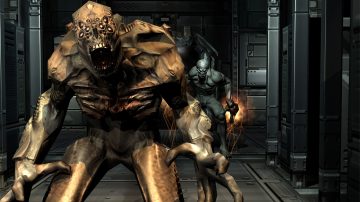 Dos imps de Doom 3 abalanzándose sobre el espectador. Son dos criaturas demoníacas de múltiples ojos y aspecto simiesco y amenazador. Están pidiendo a gritos tener a mano una armadura y equipo de Savage Doom para protegerse de ellos.