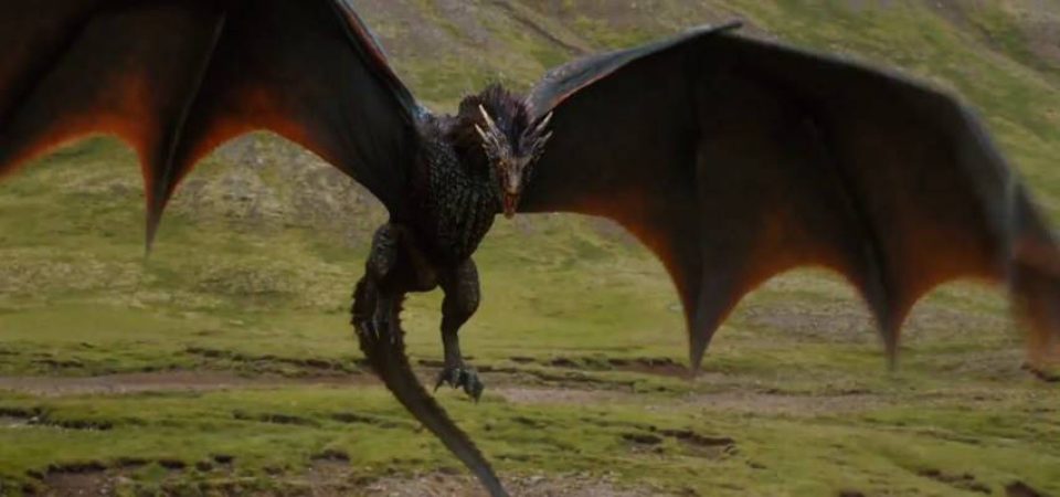 Drogon, uno de los dragones que los Targaryen poseen en la serie Juego de Tronos, se mantiene elevado con las alas completamente extendidas mientras parece caer sobre una víctima, mientras su cuerpo se recorta sobre un escenario agreste pero cubierto de hierba baja.
