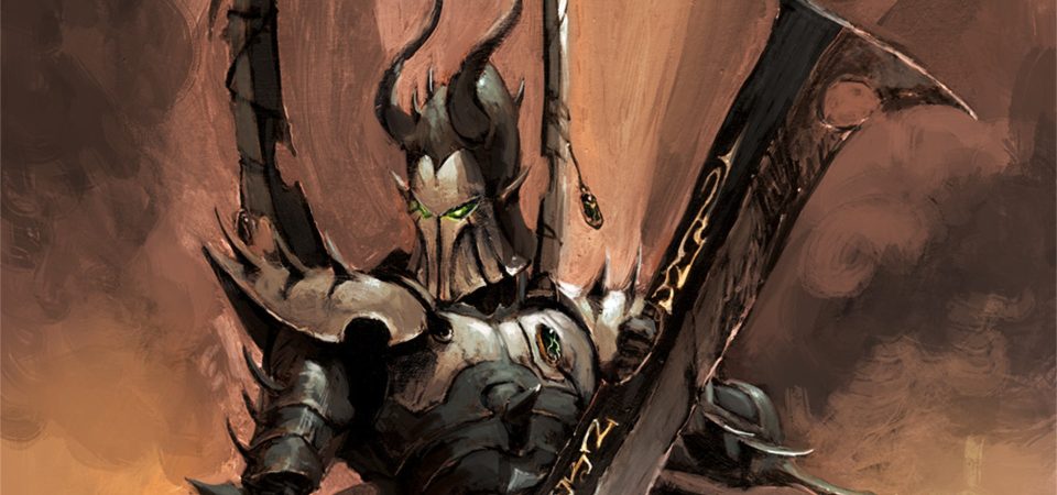 Ilustración mostrando el pecho, rostro y arma de un íncubo drukhari, sobre un fondo de color naranja ondulado como el humo iluminado por el fuego. Es una de las miniaturas que podría servir si se pudieran insertar bandas aeldari en Necromunda.