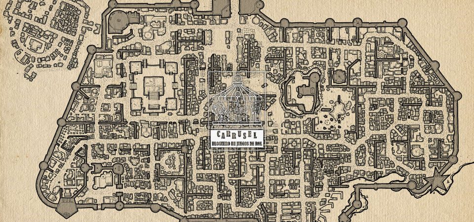 Mapa de Dyson Logos, obtenido del blog Dyson's Dodecahedron, que muestra una gran ciudad medieval amurallada, dividida en decenas de distritos menores y con un cementerio al noroeste. Está dibujado con líneas negras hechas a mano sobre un papel ondulado de color amarillento. Un clásico de lo que se suele utilizar para mapas en las partidas de juegos de rol. En el centro sobre el dibujo está el logo de la iniciativa Carrusel: un rectángulo vertical con un tiovivo de feria coronado por un dado de 20 caras, cuyas monturas son una imagen de Cthulhu, un caballero armado a caballo y una armadura de combate tecnológica. Bajo el tiovivo aparecen las letras grandes CARRUSEL ondulando arriba y abajo, y bajo esas, ocupando el mismo ancho, BLOGUERO DE JUEGOS DE ROL.