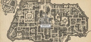 Mapa de Dyson Logos, obtenido del blog Dyson's Dodecahedron, que muestra una gran ciudad medieval amurallada, dividida en decenas de distritos menores y con un cementerio al noroeste. Está dibujado con líneas negras hechas a mano sobre un papel ondulado de color amarillento. Un clásico de lo que se suele utilizar para mapas en las partidas de juegos de rol. En el centro sobre el dibujo está el logo de la iniciativa Carrusel: un rectángulo vertical con un tiovivo de feria coronado por un dado de 20 caras, cuyas monturas son una imagen de Cthulhu, un caballero armado a caballo y una armadura de combate tecnológica. Bajo el tiovivo aparecen las letras grandes CARRUSEL ondulando arriba y abajo, y bajo esas, ocupando el mismo ancho, BLOGUERO DE JUEGOS DE ROL.
