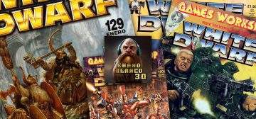 Diferentes portadas la revista White Dwarf de Games Workshop, correspondientes a números antiguos de los años 90 se entremezclan y superponen entre sí. Por encima de ellas aparece el logo del podcast EEB30 formado por un enano barbudo, calvo, con cascos, y el texto El Enano Blanco 30 en letras doradas.