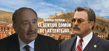 A la izquierda: Alfredo Landa en sus 60 años, con expresión triste, vestido de traje y corbata negra, con camisa blanca, mirando hacia la izquierda. A la derecha: Tom Selleck, con gesto duro, gafas de rol y el pelo cortado corto, con traje gris de raya americana, camisa blanca y corbata de rayas rojas, azules y blancas. Tras ellos, el paisaje urbano de color ocre del pueblo conquense de Huerta del Marquesado (de una fotografía CC-BY-SA 3.0 de Diego Delso). Entre Alfredo Landa y Tom Selleck, el texto Películas perdidas: El sentido común de las lentejas. Ésta es una película que el juego de rol Tipos duros, puede acabar convirtiendo en una aventura para jugar con el reglamento de Savage Worlds.