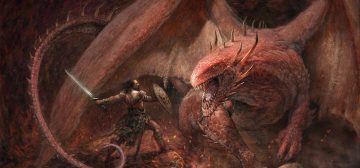 Ilustración de Manzanedo para Aventuras en la Marca del Este. Un enorme dragón rojo, cuya cabeza y torso se encuentran a la derecha de la imagen, extiende sus alas y colas "rodeando" a un guerrero que lo enfrenta desde la izquierda empuñando un escudo redondo y espada. Un ejemplo de pensar mal la dificultad de los encuentros.
