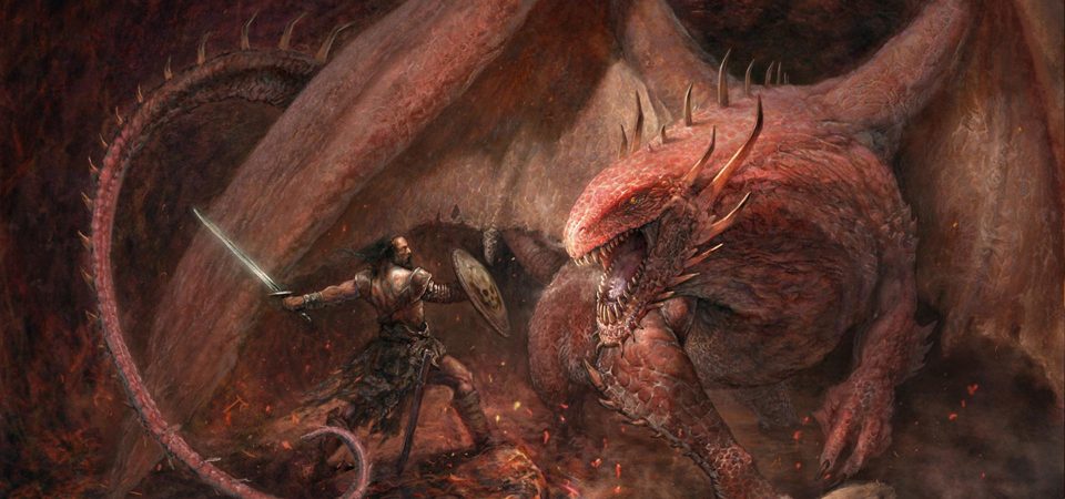 Ilustración de Manzanedo para Aventuras en la Marca del Este. Un enorme dragón rojo, cuya cabeza y torso se encuentran a la derecha de la imagen, extiende sus alas y colas "rodeando" a un guerrero que lo enfrenta desde la izquierda empuñando un escudo redondo y espada. Un ejemplo de pensar mal la dificultad de los encuentros.