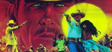 Recorte de la carátula de la película Extreme Prejudice ("Traición sin límite" en España). Es una ilustración en colores muy intensos, en cuyo fondo aparece en rojos la cara de Nick Nolte con los ojos en verde casi neon, con el sol en amarillo brillante por encima a la derecha. Sobre el sol y la cara aparece el propio Nolte con sombrero vaquero vestido de azul luminoso, protegiendo a una mujer en un vestido azul intenso y disparando su 45. Powers Boothe está a la izquierda, en un traje de amarillo destacado mientras apunta a Nolte con un revolver. El título de la película es un ejemplo de esa cuestión de nombres con traducciones horribles.
