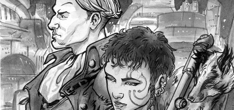 Detalle recortado de una ilustración de Fading Suns mostrando dos personajes, que parecen ser un noble Hawkwood y una miembro de los gremios que lleva su mascota al hombro. Es una ilustración en blanco y negro, con predominio de los grises.