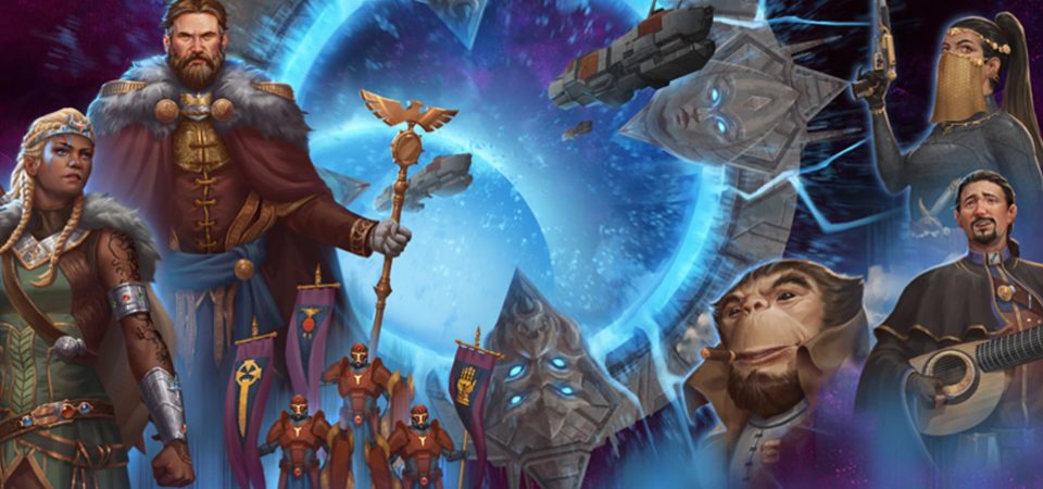 Ilustración mostrando miembros de los diferentes estamentos del universo de Fading Suns, incluyendo una noble vuldrok, al que parece ser el propio Emperador Alexius, un gannok, y algunos más, superpuestos a una visión de un portal de salto. Éste es un universo representativo donde se intenta que haya mundos eternamente medievales.