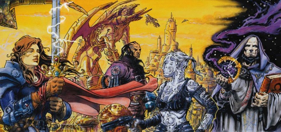 Ilustración mostrando diferentes personajes, lugares y espacios características del universo de Fading Suns, como un caballero armado Al Malik, una guerrera Ur Ukar, un sacerdote ortodoxo, un auriga de la Asamblea, una gárgola y varios edificios alrededor de los que vuelan diferentes naves espaciales. No nos engañemos, este universo está lleno de capullos.