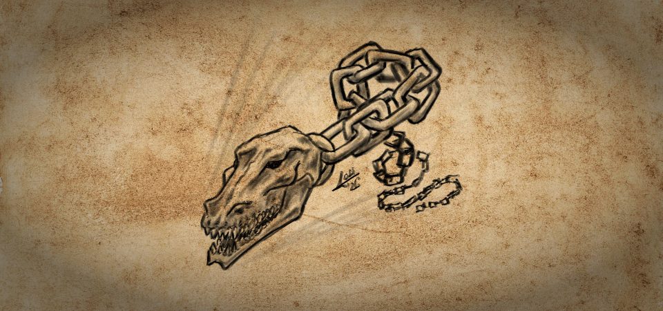 Sobre un papel antiguo, envejecido y sucio, un dibujo de las Fauces Encadenadas, el arma mágica para juegos de rol OSR, como Aventuras en la Marca del Este. Se trata de una larga cadena que se va desenrollando sinuosamente desde la parte más alejada, hasta que en primer plano los últimos eslabones engarzan con lo que parece una cabeza de bestia de largas fauces y afilados dientes.