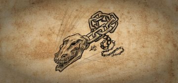 Sobre un papel antiguo, envejecido y sucio, un dibujo de las Fauces Encadenadas, el arma mágica para juegos de rol OSR, como Aventuras en la Marca del Este. Se trata de una larga cadena que se va desenrollando sinuosamente desde la parte más alejada, hasta que en primer plano los últimos eslabones engarzan con lo que parece una cabeza de bestia de largas fauces y afilados dientes.