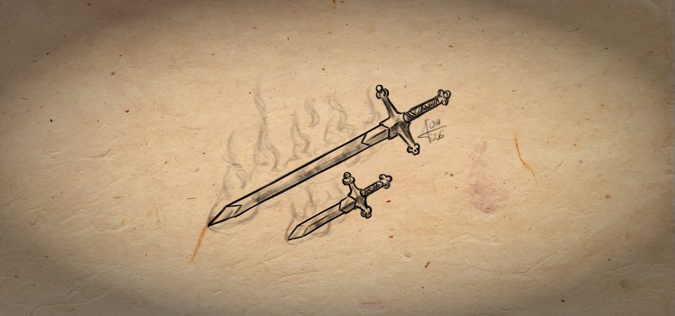 Dibujo poco más que abocetado en blanco y egro de una espada y una daga, con guardas en cruz con extremos y pomo trilobulados, de hoja recta, con hojas en diamante con doble filo y que parecen expedir un vapor neblinoso a lo largo de todo el metal. Son, obviamente, armas de filo etérico.