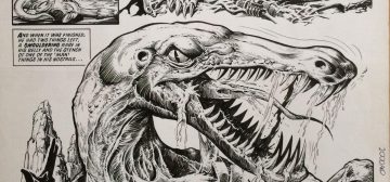 Fragmento de una página del cómic Flesh, de la editorial 2000AD. En ella se ve la cabeza estilizada de un notosaurio dibuada en blanco y negro, con las fauces abiertas y babeantes, y una mirada maligna.