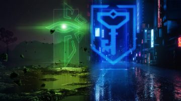 Imagen en tonos verde fósforo y azul eléctrico, cuyas dos mitades representan cada uno de los bandos de la ambientación de Ingress. A la izquierda, en verde, en un escenario de tierra, agua removida y rocas levitando en el aire, aparece el logo del ojo abierto de los Enlightened. A la derecha hay un escenario típico de calle nocturna cyberpunk, con el suelo mojado y las paredes de los edificios llenos de rótulos de neón, con el logo de la llave sobre el escudo del bando Resistance.