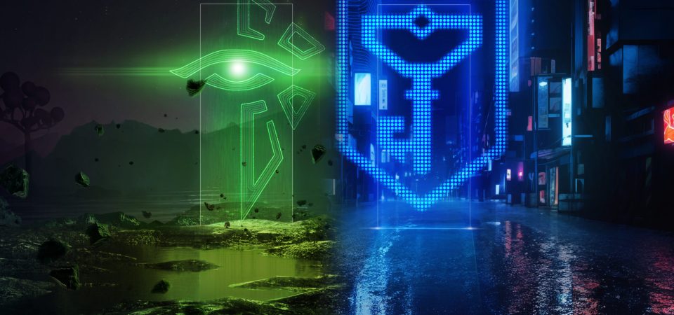 Imagen en tonos verde fósforo y azul eléctrico, cuyas dos mitades representan cada uno de los bandos de la ambientación de Ingress. A la izquierda, en verde, en un escenario de tierra, agua removida y rocas levitando en el aire, aparece el logo del ojo abierto de los Enlightened. A la derecha hay un escenario típico de calle nocturna cyberpunk, con el suelo mojado y las paredes de los edificios llenos de rótulos de neón, con el logo de la llave sobre el escudo del bando Resistance.