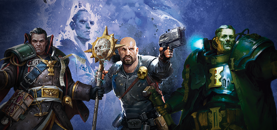 Ilustración mostrando varios miembros de la Inquisición de Warhammer 40000, en vista de tres cuartos. A la derecha se encuentra Gregor Eisenhorn, con su abrigo gris de filetes rojos, hombreras metálicas verdes, el Malus Codicium encadenado a su cintura y el báculo rúnico en la mano izquierda. En el centro un hombre calvo con barba, con uniforme y armadura gris neutro, que empuña un cuchillo y una autopistola mientras encañona hacia un lado de la imagen. Por último un inquisidor desconocido con una servoarmadura de aspecto imponente en color metal y verde, con adornos dorados del oficio, la cabeza descubierta que muestra el pelo cano y que porta en la mano un rollo de pergamino. El fondo tras ellos, todo en tonos celestes y violetas claros, muestra la figura de otro hombre mirando de soslayo. Son tres personajes que bien podrían aparecer en bandas de facciones extraordinarias en Necromunda, como también lo son los orkos y el Adeptus Mechanicus.