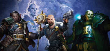 Ilustración mostrando varios miembros de la Inquisición de Warhammer 40000, en vista de tres cuartos. A la derecha se encuentra Gregor Eisenhorn, con su abrigo gris de filetes rojos, hombreras metálicas verdes, el Malus Codicium encadenado a su cintura y el báculo rúnico en la mano izquierda. En el centro un hombre calvo con barba, con uniforme y armadura gris neutro, que empuña un cuchillo y una autopistola mientras encañona hacia un lado de la imagen. Por último un inquisidor desconocido con una servoarmadura de aspecto imponente en color metal y verde, con adornos dorados del oficio, la cabeza descubierta que muestra el pelo cano y que porta en la mano un rollo de pergamino. El fondo tras ellos, todo en tonos celestes y violetas claros, muestra la figura de otro hombre mirando de soslayo. Son tres personajes que bien podrían aparecer en bandas de facciones extraordinarias en Necromunda, como también lo son los orkos y el Adeptus Mechanicus.