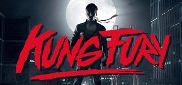Kung Fury, con su banda roja característica en la cabeza, delante de la luna en una imagen nocturna y prácticamente en blanco y negro de la ciudad. Por encima aparece el nombre KUNG FURY en letras rojas intensas que parecen estar escritas con pinceladas muy agresivas.