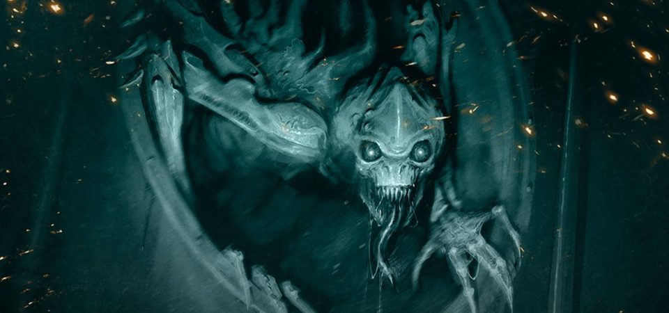 Ilustración en tonos azules, imitando el efecto de un sistema de visión nocturna, que muestra una criatura de aspecto insectoide y amenazador saliendo de una tubería. Es un malstrain genestealer, pero sirve para ilustrar cómo sería la aparición de terrormigas obreras o guerreras.