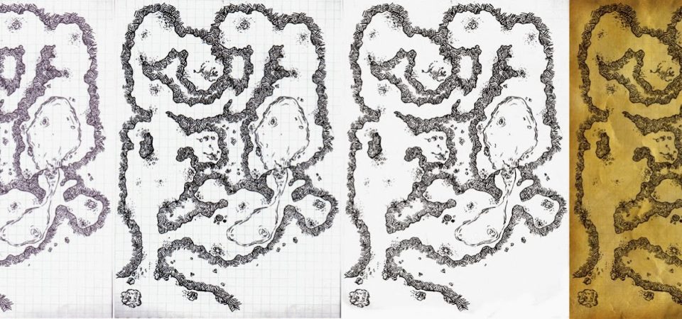 Cuatro imágenes consecutivas de diferentes estadios de mapas dibujados a mano pero tratados con Photoshop para darle un aspecto más llamativo. De izquierda a derecha: un escaneo desvaído del mapa con cuadrícula de la libreta en la que estaba dibujado, el mismo mapa con mucho más contraste, el mapa más nítido y sin la cuadrícula y, finalmente, el mapa superpuesto a una textura de papel viejo.