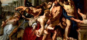 Fragmento del cuadro La matanza de los inocentes, de Rubens. Una masa de cuerpos desnudos o semidesnudos, unos pocos con coraza, de hombres adultos, enzarzados en un combate con mujeres que protegen a sus bebés. La escena representa la ejecución de la orden de Herodes de asesinar a todo niño menor de dos años. Es un ejemplo de las muchas motivaciones de los malvados para cometer sus actos.