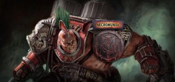 Ilustración de un stimmer de una banda Goliath. Lleva una cresta verde injertada en el cráneo, con placas de armadura de color rojo y metal, en las que destacan las hombreras aceradas con forma de calavera. Se nota que es de los pandilleros más duros y bestias de entre todas las bandas de Necromunda. Por encima de la ilustración del pandillero, los logos de Necromunda y el emblema de la Casa Goliath: un martillo de forja rodeado de dos aros con púas a la altura del asta..