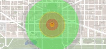 Mapa urbano de la ciudad de Washington mostrando los diferentes áreas de efecto de una explosión atómica de unos cuantos kilotones.