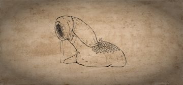 Un boceto de la pestilencia que camina por las tinieblas, la criatura para Aventuras en la Marca del Este. Es una criatura similar a una enorme babosa, de cuerpo fofo y blancuzco, con el lomo lleno de manchas pardas, en uno de cuyos extremos tiene un orificio del que chorrea una especie de baba.