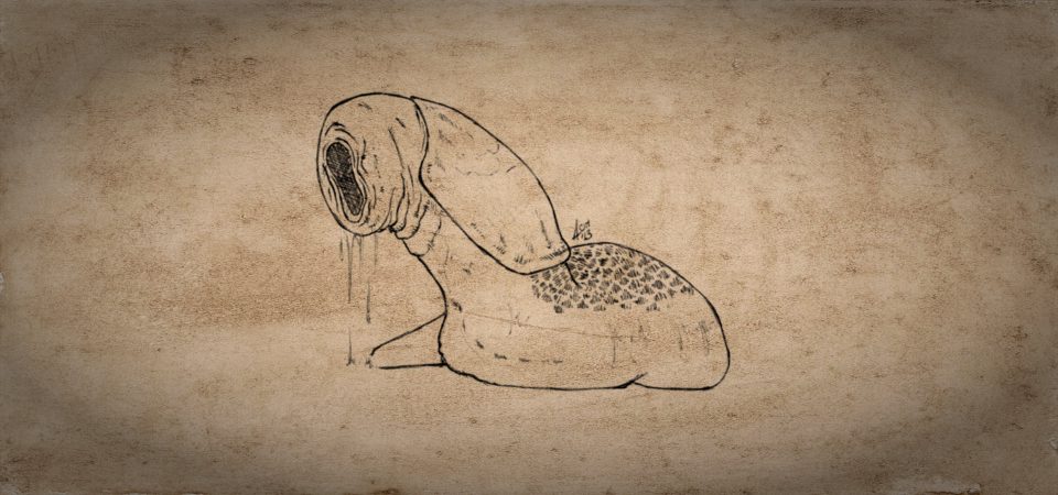 Un boceto de la pestilencia que camina por las tinieblas, la criatura para Aventuras en la Marca del Este. Es una criatura similar a una enorme babosa, de cuerpo fofo y blancuzco, con el lomo lleno de manchas pardas, en uno de cuyos extremos tiene un orificio del que chorrea una especie de baba.