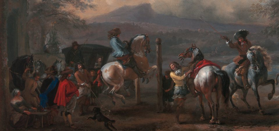 Detalle del óleo "Riding School", de Philips Wouwerman, pintado alrededor de 1688. Presenta un conjunto de nobles de la época, con vestimentas de colores brillantes, haciendo prácticas de aprendizaje en diferentes caballos. Una imagen para ilustrar las diferentes tipos de monturas en la Marca del Este.