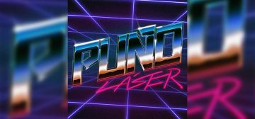 El logo del podcast Puño Láser. Con un estilo muy ochentero, una rejilla de cuadros en el suelo y el techo en fuga hacia el horizonte, en tonos neón violeta. Superpuesto a la rejilla la palabra PUÑO, en letras en un cromado muy exagerado, desde el reflejo del cielo en tonos azules, con el horizonte reflejado en blanco y por debajo el reflejo de la tierra en marrones y negro. Debajo de PUÑO aparece el texto LÁSER en un estilo de letra como de rotulador con efecto casi neón de color magenta.