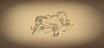 Un sencillo boceto de la criatura sangrador descrita para juegos OSR como Aventuras en la Marca del Este. Es una criatura cuadrúpeda, extremadamente delgada hasta el punto de que la piel parece tirante desde las articulaciones, que camina sobre los nudillos dejando las afiladas garras hacia detrás. Su cabeza es alargada, con unos grandes ojos redondos negros de aspecto metalizado, y de su boca surge una especie de aguja afilada y larga que usa para perforar a sus víctimas y sorber sus fluidos internos.