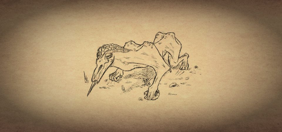 Un sencillo boceto de la criatura sangrador descrita para juegos OSR como Aventuras en la Marca del Este. Es una criatura cuadrúpeda, extremadamente delgada hasta el punto de que la piel parece tirante desde las articulaciones, que camina sobre los nudillos dejando las afiladas garras hacia detrás. Su cabeza es alargada, con unos grandes ojos redondos negros de aspecto metalizado, y de su boca surge una especie de aguja afilada y larga que usa para perforar a sus víctimas y sorber sus fluidos internos.