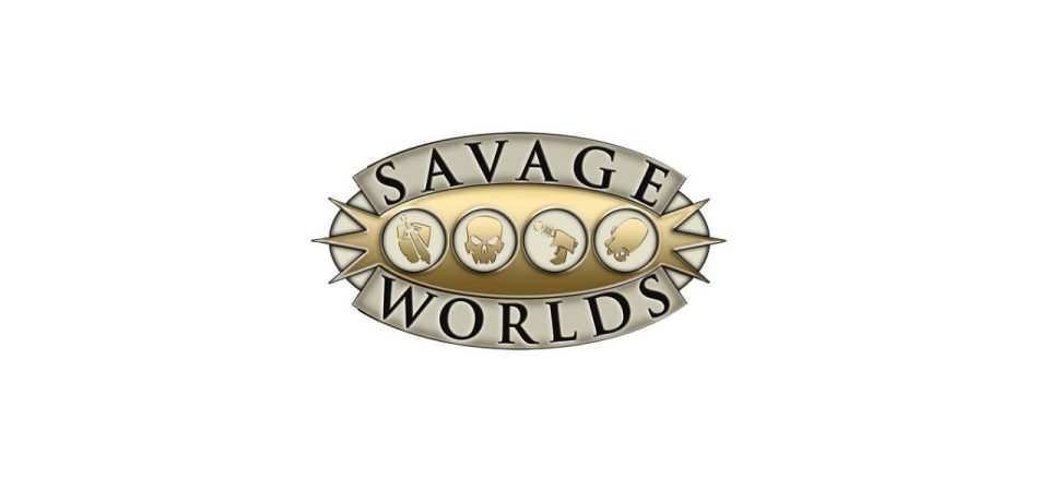 Sobre un fondo completamente blanco, el logotipo de Savage Worlds, el reglamento para juegos de rol.