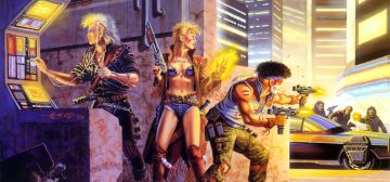 Detalle de la ilustración de portada clásica de Shadowrun primera y segunda edición. En ella se ve un pequeño grupo de tres runners, donde un elfo vestido de cuero negro con pelo blanco a lo glam rock se conecta a un terminal en plena calle, mientras una shaman humana con el pelo a lo Nina Haggen, en bikini arriba y vaqueros escuetísimos pero con unas botas y una gabardina a lo antiguo oeste colabora con otro tipo con la cara pintada y dos uzis que dispara hacia un grupo al fondo de la imagen para proteger al primero.