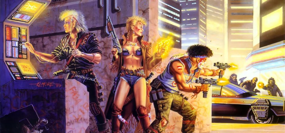 Detalle de la ilustración de portada clásica de Shadowrun primera y segunda edición. En ella se ve un pequeño grupo de tres runners, donde un elfo vestido de cuero negro con pelo blanco a lo glam rock se conecta a un terminal en plena calle, mientras una shaman humana con el pelo a lo Nina Haggen, en bikini arriba y vaqueros escuetísimos pero con unas botas y una gabardina a lo antiguo oeste colabora con otro tipo con la cara pintada y dos uzis que dispara hacia un grupo al fondo de la imagen para proteger al primero.