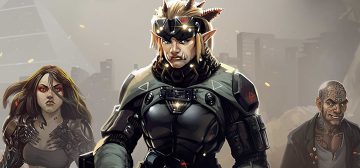Tres personajes de Shadowrun se encuentran de cara al espectador (tú) con la ciudad envuelta en niebla o contaminación al fondo. En el centro aparece un operativo orco de piel clara, con una armadura de combate y un montón de equipo como gafas de visión nocturna y un arma de gran calibre. Detrás de él, a su derecha, aparece una humana de pelo largo castaño, ojos rojos y brazos ciberimplantados de aspecto amenazador. A la izquierda, más atrás, aparece un humano de piel oscura cubierta de tatuajes desde la calva hasta el pecho, que viste una camiseta de cuello abierto gris oscura y una casaca verde con botones dorados. De todo menos personajes de cuento.